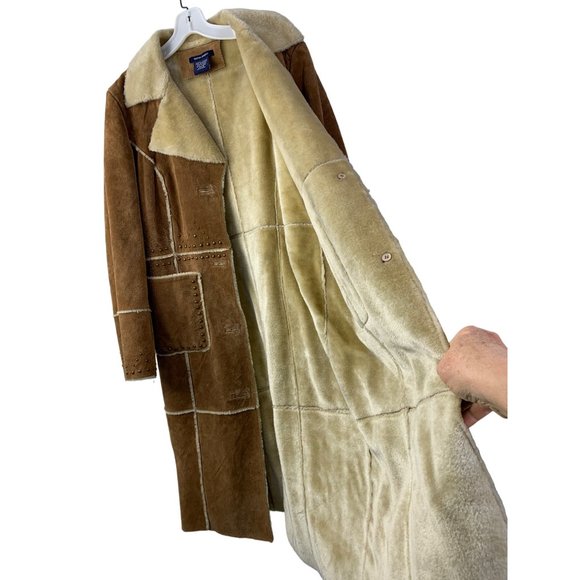 Boston Proper Patchwork Leather Midi Coat Size 12 Studs GUC 6635 Western - Picture 9 of 13